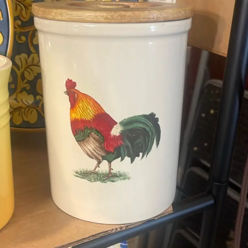 Pimpernel Storage Jar Canister Ceramic Rooster Print Wooden Lid Farmhouse 7.5”