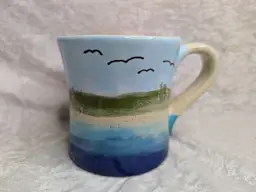 Glazed  Pottery Mug Blue Beige Beach Ocean Coffee Cup Hand Painted Scene Lg 4.75" Coastal