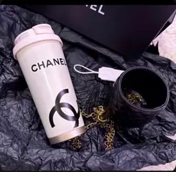 VIP White Chanel Coffee Tumbler with Sleeve & Gold Chain