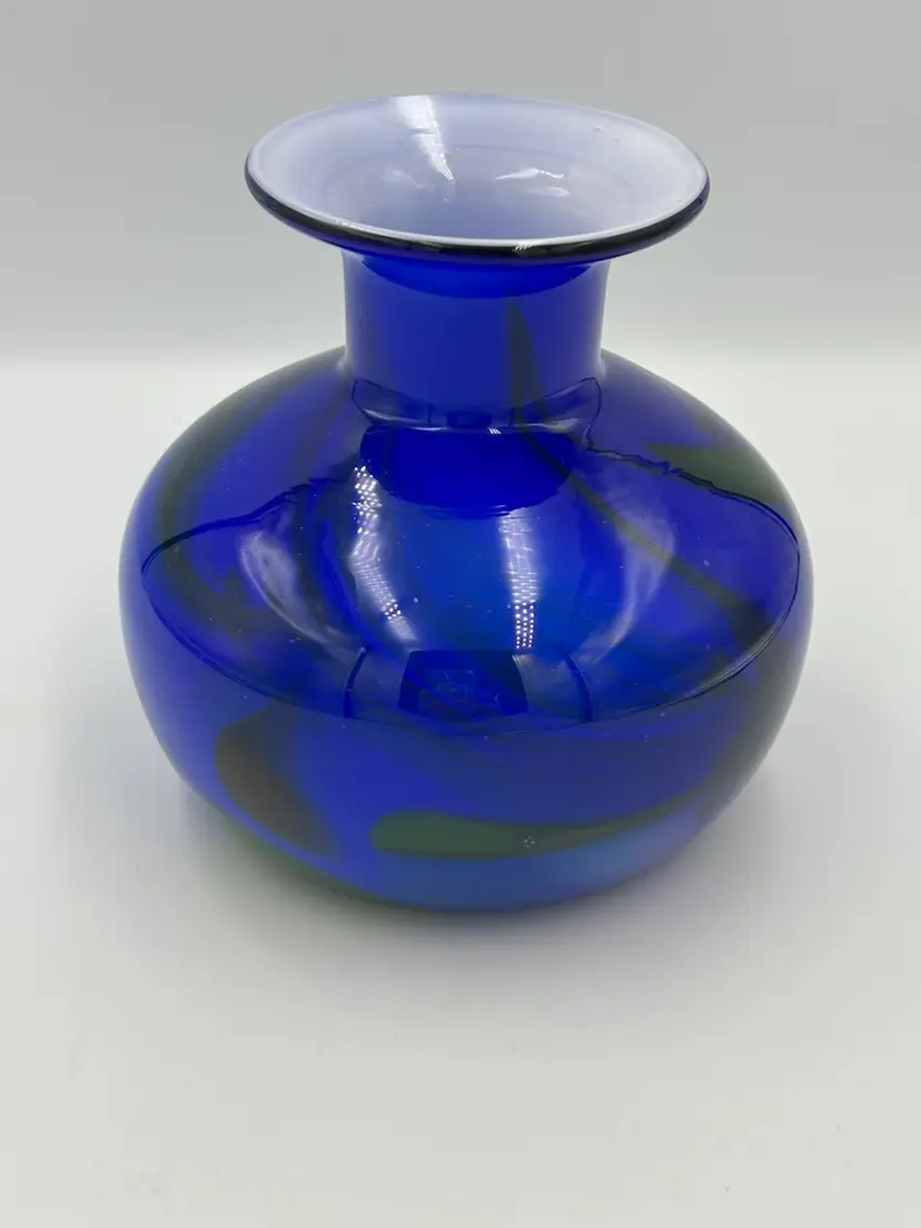 Art Glass Hand Blown White Cased Cobalt Blue Green Black Vase