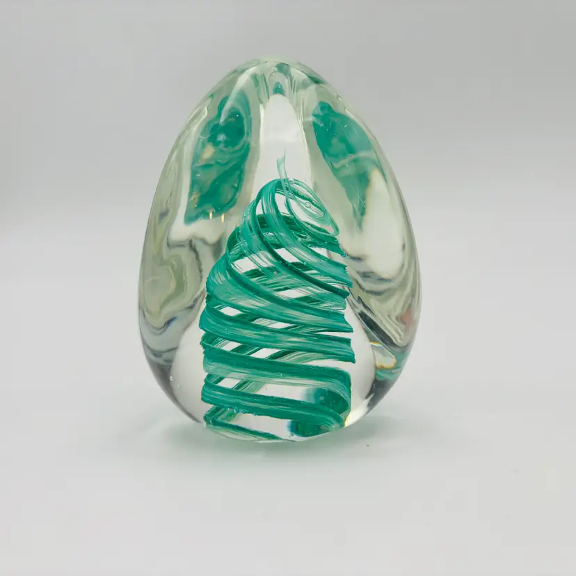 Vintage Hand Blown Art Glass Spiral Green Swirl Paperweight Cased in Clear Glass