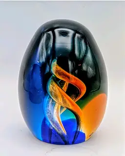 Art Glass Paperweight 4” Blue Amber Controlled Bubble Swirl Modern