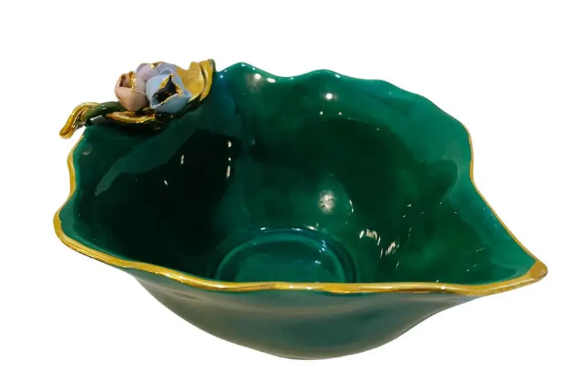 California E & R Pottery Sierra Madre Ceramic Bowl Green Gold 6" L 4.5" W Floral