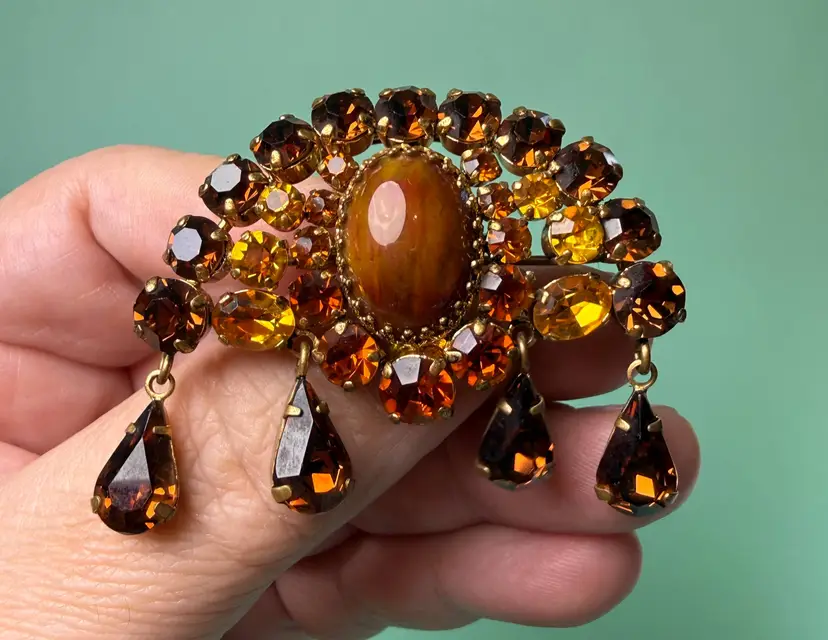 Vintage Made In Austria Rhinestone Waterfall Brooch Topaz Amber Glass Crescent