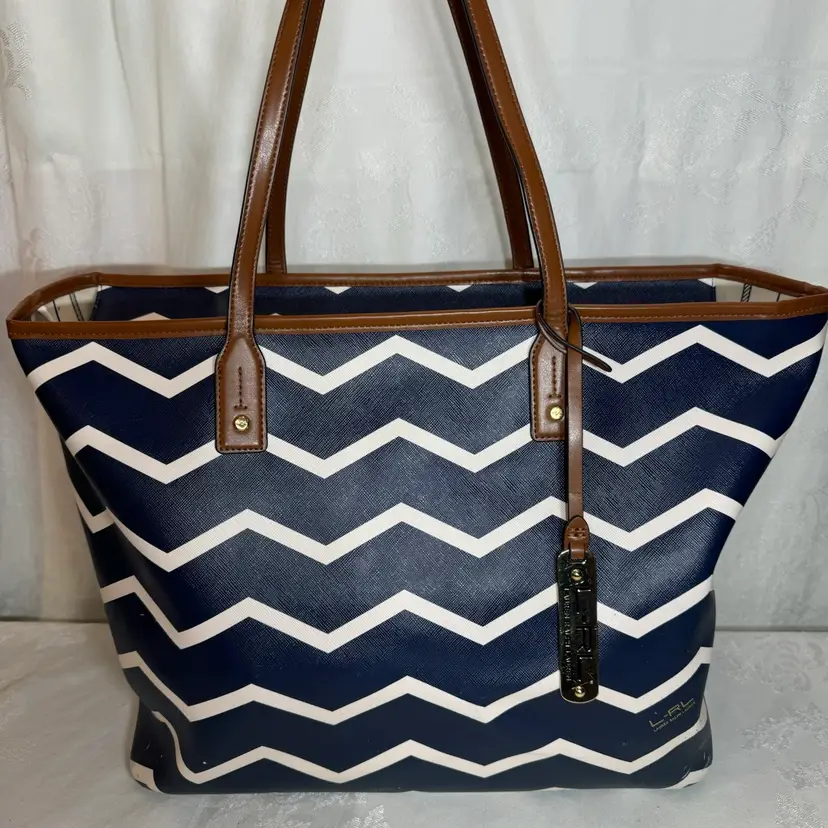 Lauren Ralph Lauren Kirby Blue and White Striped Textured Leather Large Tote