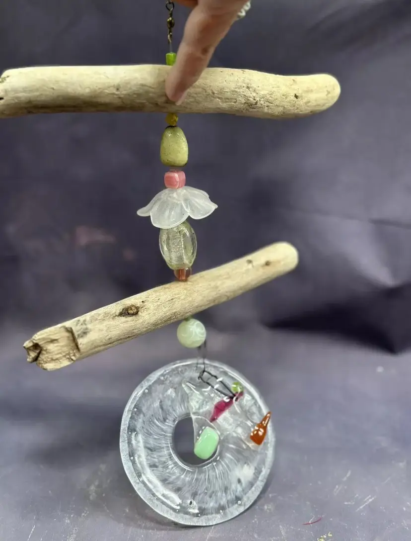 SALE Susan O’Malley Fused Glass Beaded Driftwood Windchime Sun Catcher Decor