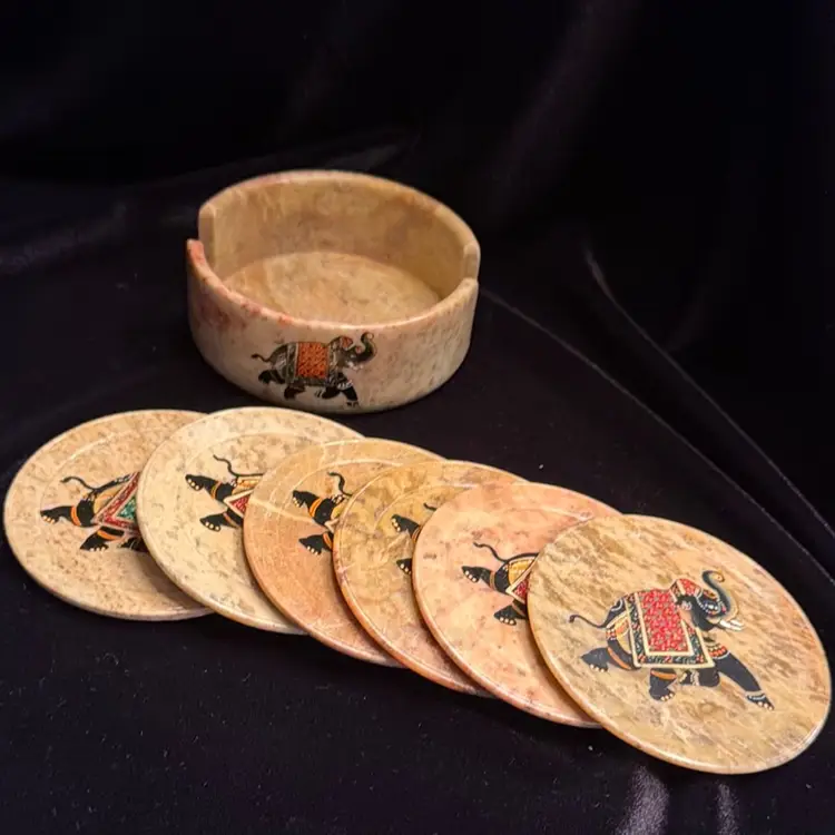 Beautiful vintage handcrafted marble soapstone coaster set from India, featuring intricately Hand painted elephant design