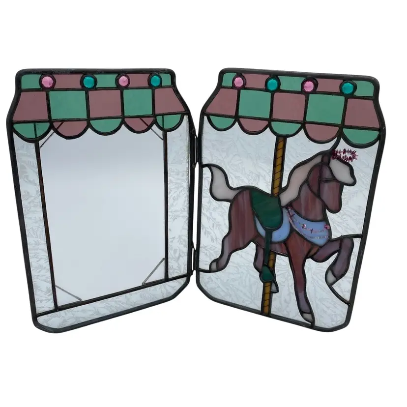 2-Panel Stained Glass Carousel Horse 10” Sun Catcher, Teal and Purple with “Jewels"