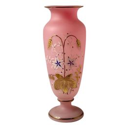 Vase Antique Victorian Pink Satin  Bristol Blown Glass  Hand Painted Florals
10-1/4” T x 3-3/8” W (top) x 3-1/4” W (base)”