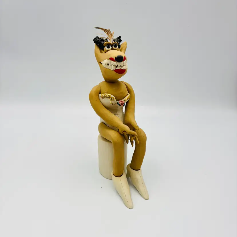 OOAK Weirdo Grinning Lady Dog Figurine Clay Sculpture in Body Suit Big Shoes