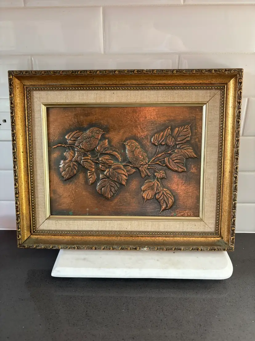 Vintage Copper Bird Wall Art With Persian Inscription With Patina