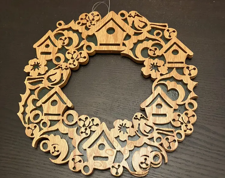 Laser-cut Wooden Wreath with Birdhouse Birds Flowers