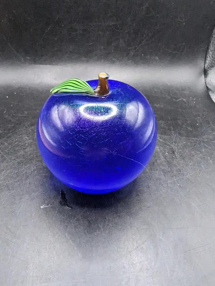 Vintage Orient and Flume Blue Art Glass Fruit Paperweight Signed From Chico Ca