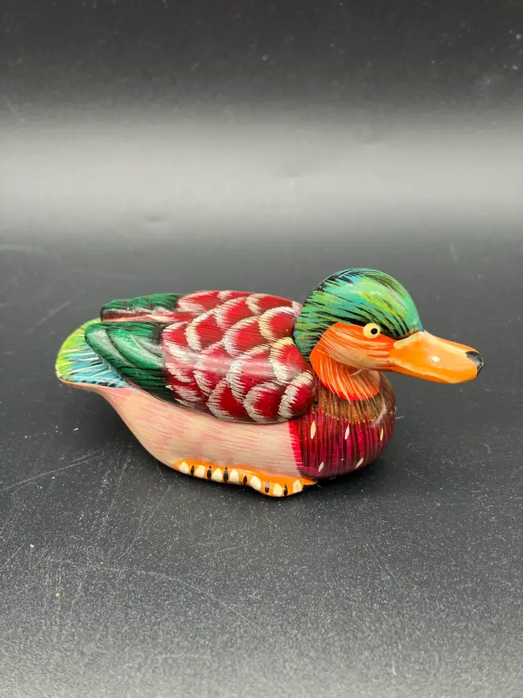 BIN - Painted Ceramic Duck Figurine And Trinket Box - 3.75”