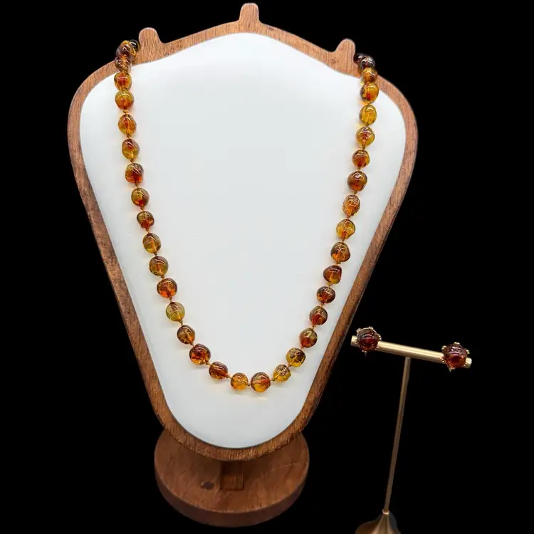 MCM Ciner Amber Glass Hand Knotted Necklace 24” Clip Earrings Set Signed READ