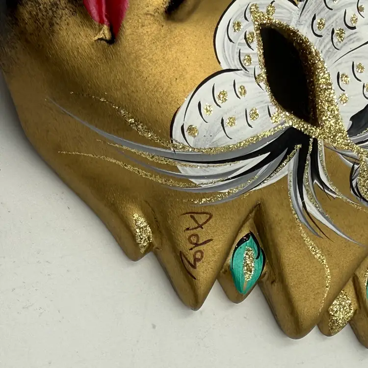 Vintage Italian Venetian Ceramic Gold Wall Mask Hand Painted Swan Artist Signed