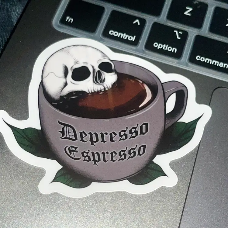 Depresso Espresso Clear Vinyl Sticker 2.5 x 2.5"