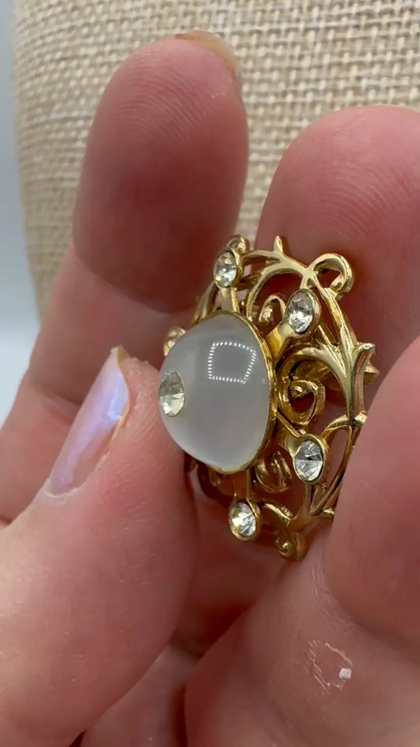 Vintage Moon Glow & Rhinestone Gold Tone Brooch