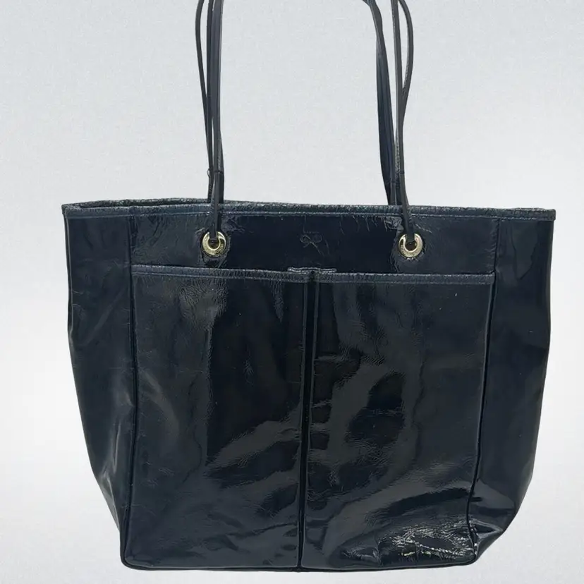 Handbag Anya Hindmarch London Black Patent Leather 16”W x 13”H (+ 7.5" strap drop) UK Luxury Brand