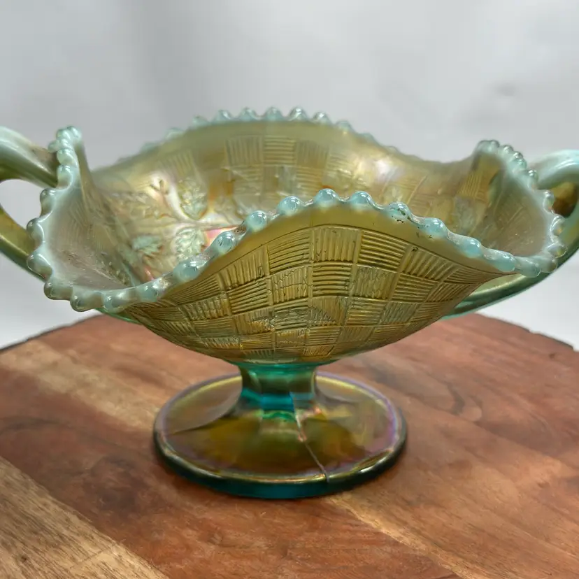 Northwood Vintage Fruit & Flowers Handled Wavy Beaded Compote Aqua Carnival