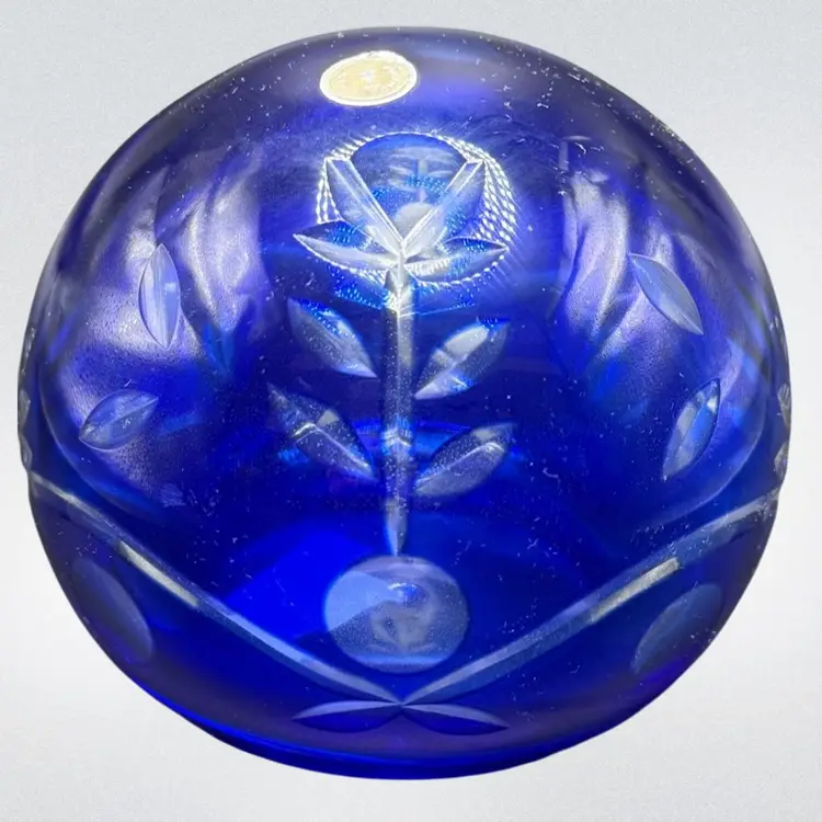ROMANIA COBALT BLUE CUT TO CLEAR CRYSTAL LARGE ORB PAPERWEIGHT