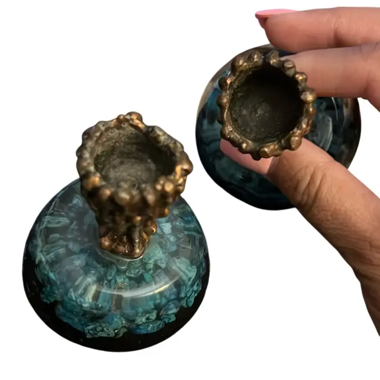 Rare Midcentury Brutalist Bronze Candleholder Pair w/ Rocks inside Lucite Base