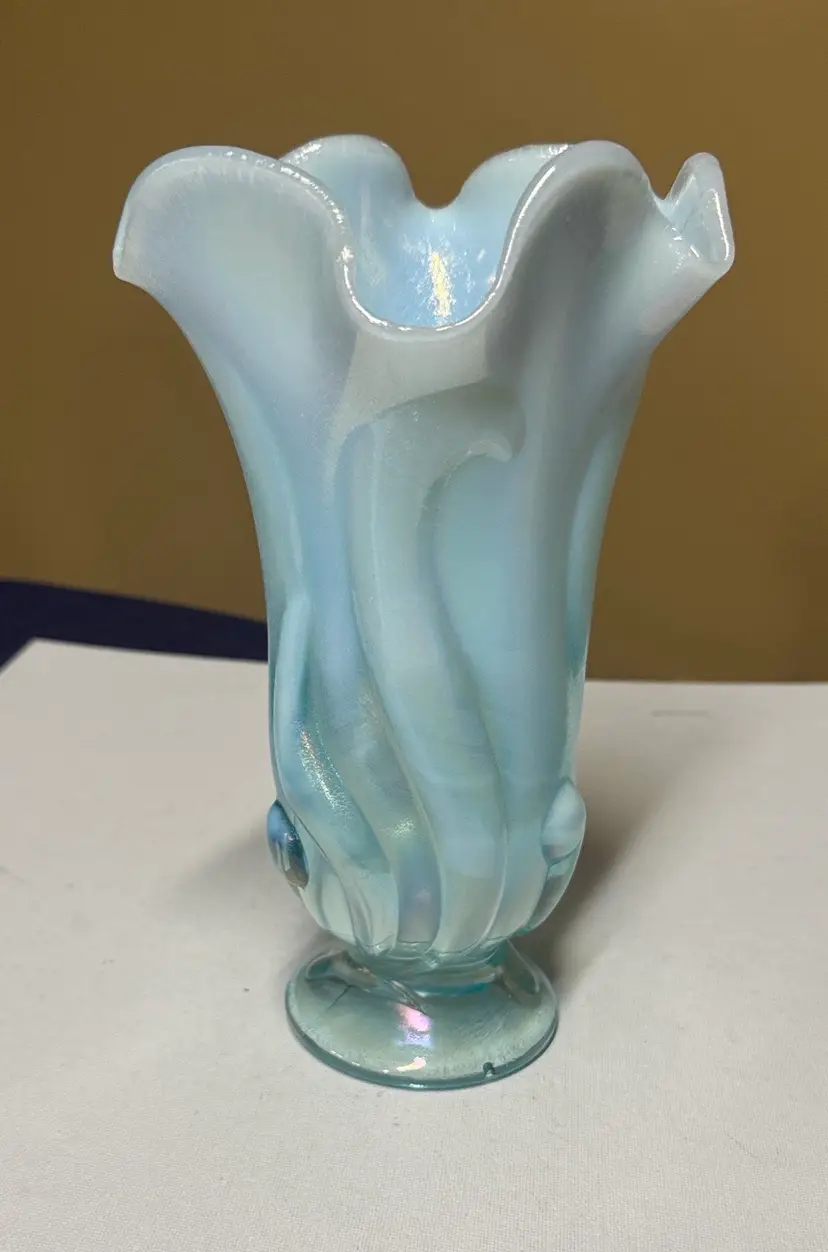 Fenton Art Glass Swung Handkerchief Vase Aquamarine Opalescent Stretch 9” tall