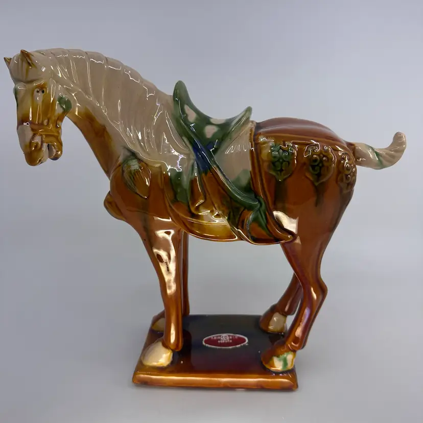 LARGE Chinese Tang Dynasty Porcelain Horse with Sancai Glaze Marked & Stickered 10”