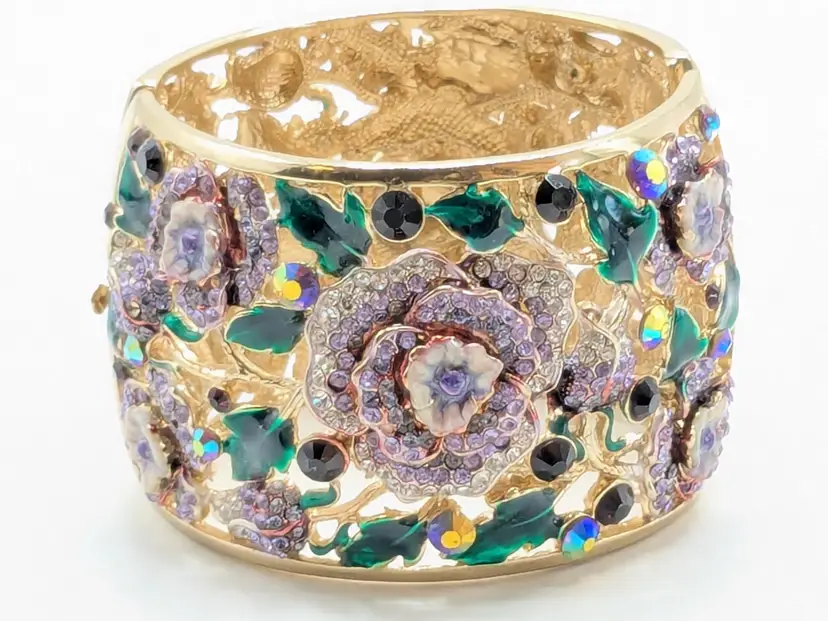 Chunky Floral Enamel and Rhinestone Cuff Bracelet Purple Gold Tone