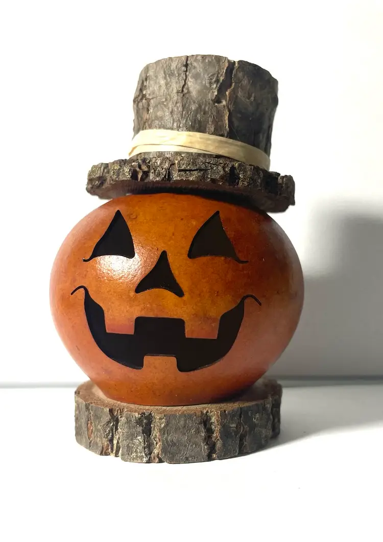 Pumpkin Jack O Lantern Carved Gourd. Whimsical Halloween Decor No
