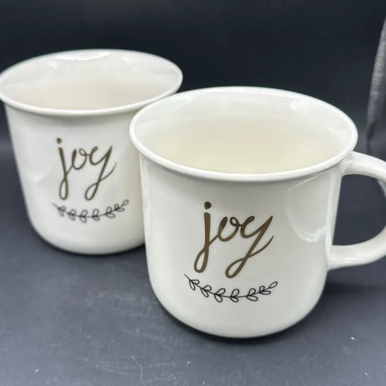 (2) SLEIGH BELL BISTRO Gold "Joy" Christmas Holiday COFFEE MUGS Beautiful Design