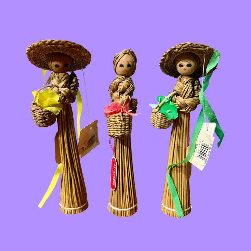 Vintage Trio of Folk Straw Wood Dolls, From CRACKER BARREL Gift Shop | READ