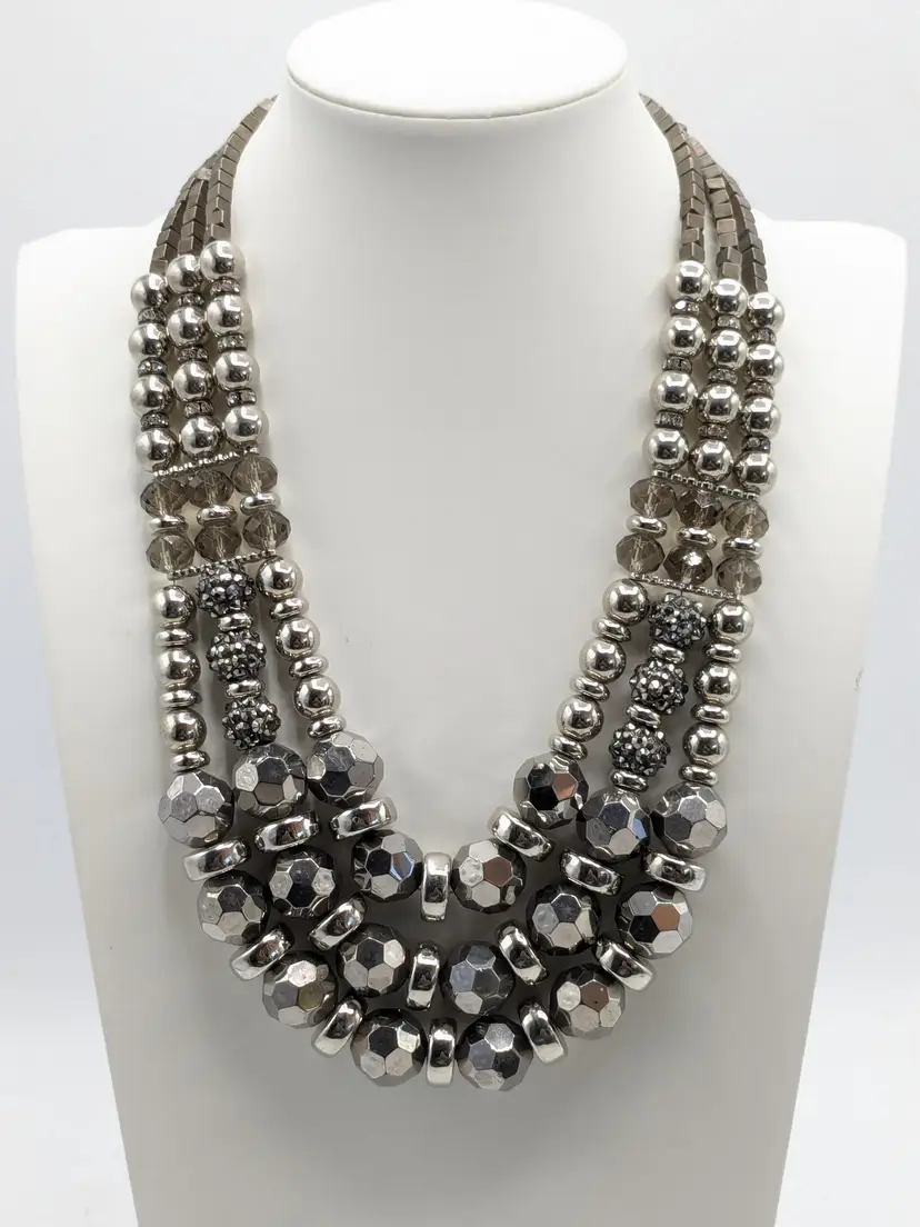 Chico's Chunky Beaded Statement Necklace Silver Tone