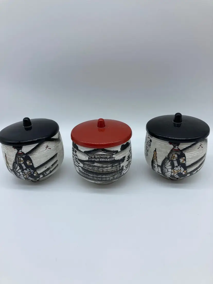 Japanese Tea Set Kinkakuji Temple 3 Piece Set Of Tea Saki Cups Ceramic