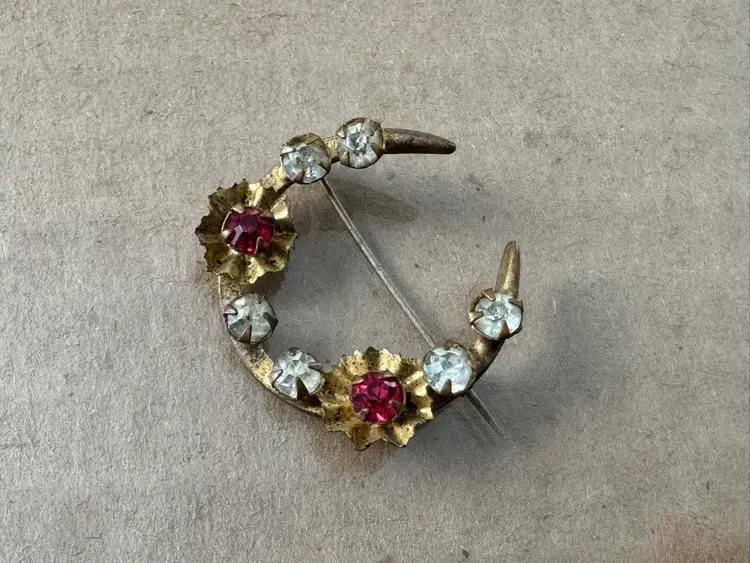 Antique Victorian Crescent Moon Brooch With Rhinestones