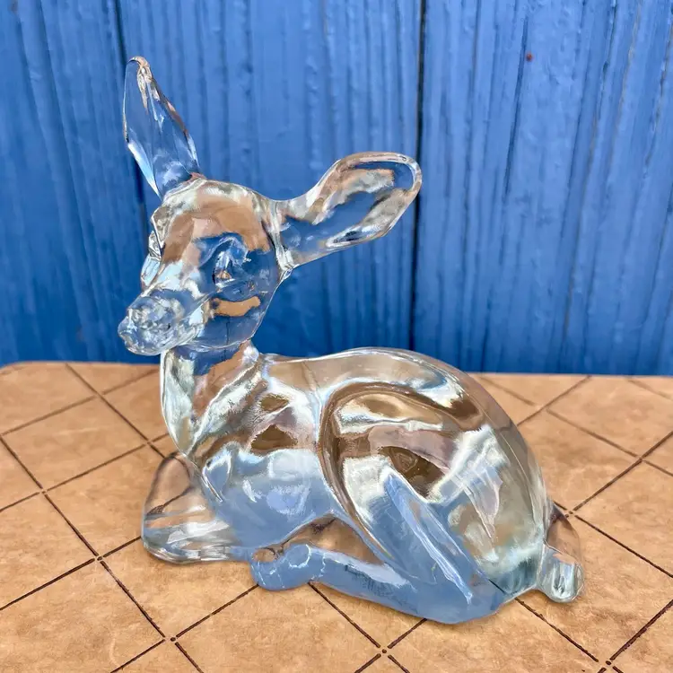 Vintage FENTON ART GLASS DEER DOE FAWN FIGURINE Paperweight Clear Signed