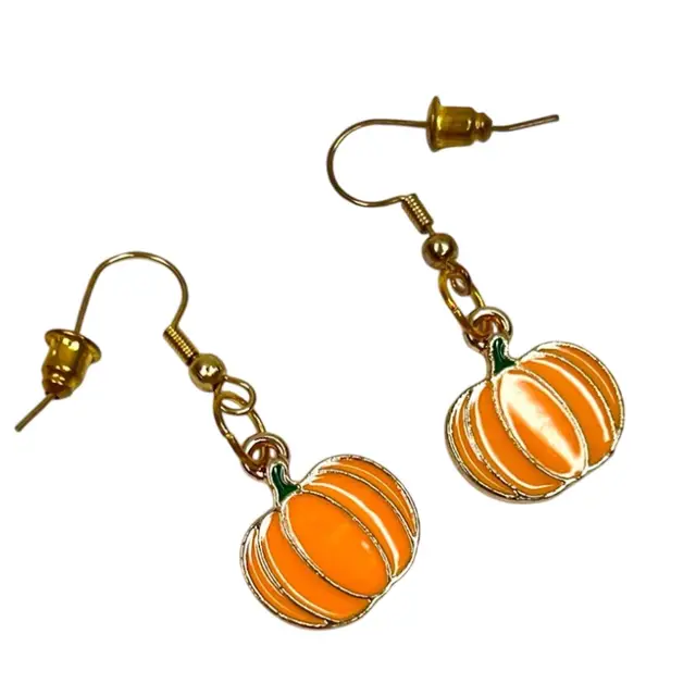 Enamel 🎃 Pumpkin Halloween Earrings.  Gold-tone. Handmade by me! 🫶 1-1/2” drop length