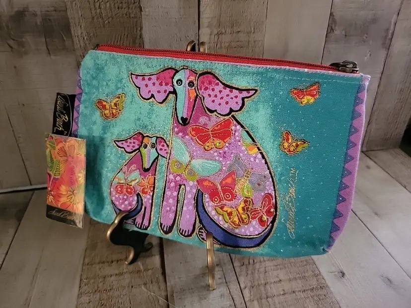 Laurel Burch Bag Vibrant Colors Cosmetic Bag Dog Theme New Tags Zip Butterflies