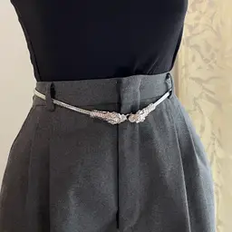 Tiger Head Clasp Silver Tone Metal Coil Stretch Waist Belt Glam Vintage 27.5"-30.5"