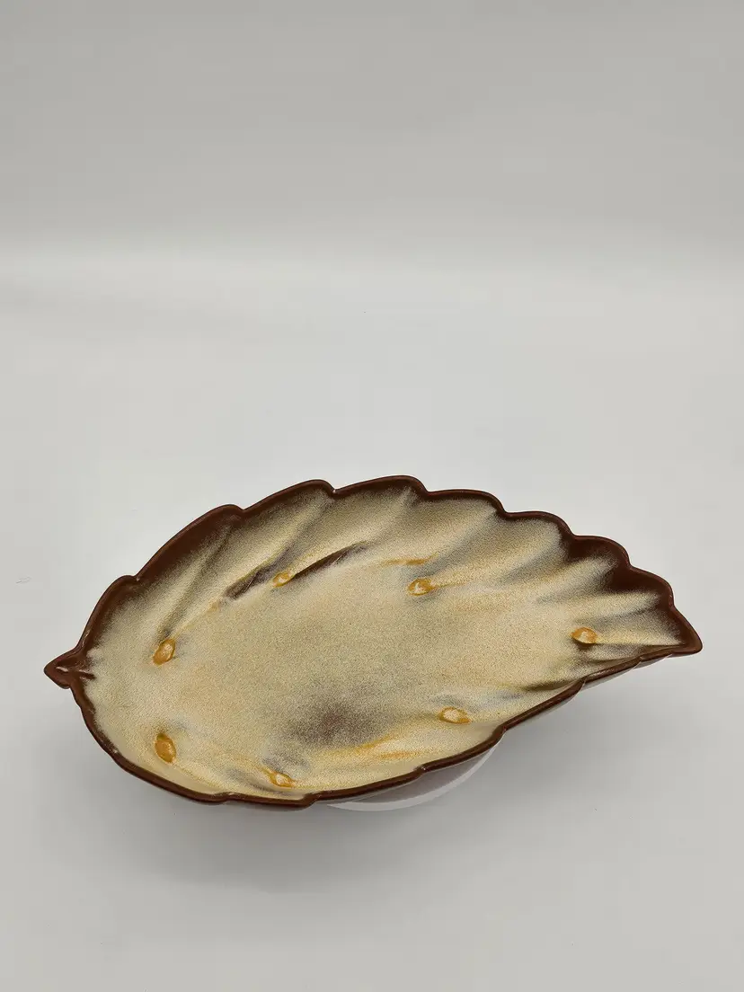 Vintage Frankoma Pottery 226 Brown Cream Colored Leaf Foilage Tray Trinket Dish