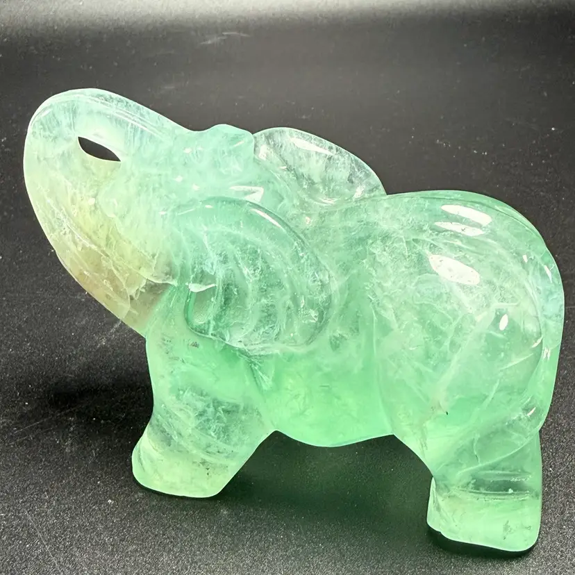 Natural Green Fluorite Elephant Hand Carved UVs Stone Trunk Up Luck 4"X3" 570g