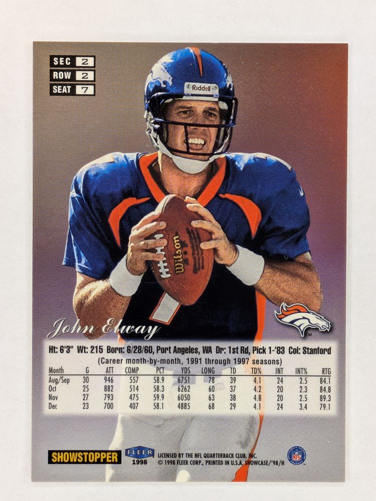 John Elway 1998 Fleer Flair Showcase Style Row 2 Seat 7 #7 HOF Denver Broncos