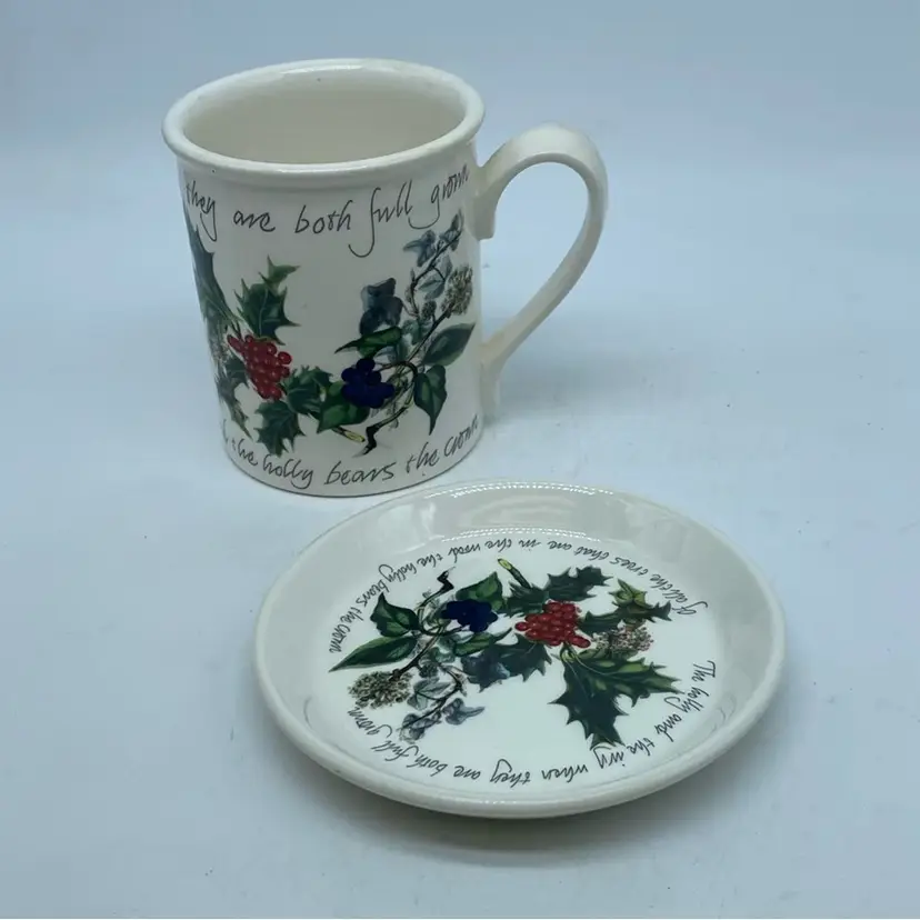 #2929 Portmeirion "Holly & Ivy" ceramic mug and saucer set with text.