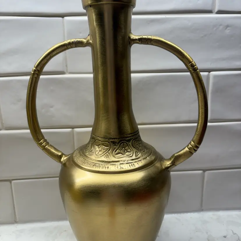 Vintage Brass Amphora Vase Double Handle Etched Floral Boho Moroccan 12.5" Tall