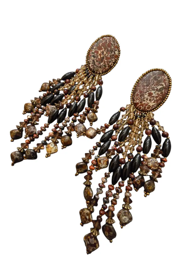 Vintage 80s Unsigned Chipita Stone And Crystal Shoulder Duster Earrings (A9469)