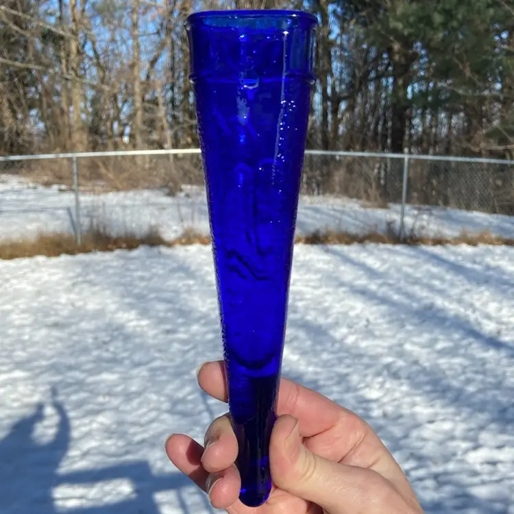 Vintage Auto Vase / Wall Pocket, Cobalt Blue Glass Vase, Bird / Woodpecker Motif. Possibly Dugan Glass. 8”h.