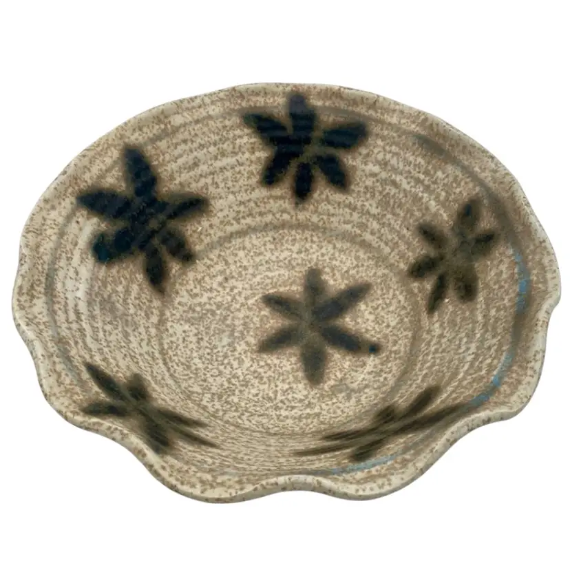 Vintage Handmade Ruffled Stoneware Serving Bowl, Flowers and Blue Rimming, 10"