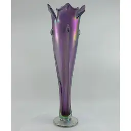 Ron Mynatt Lavender Iridescent Art Glass Flower Vase Signed 13”
