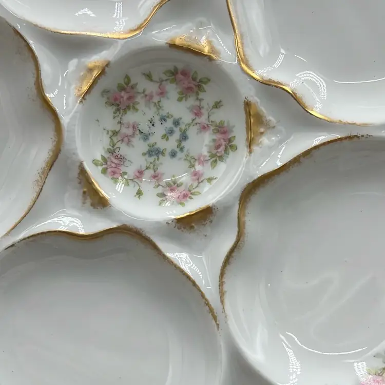 Antique Limoges porcelain oyster plate with floral decoration. 8”