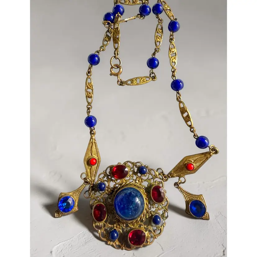 Antique Czech Blue & Red Glass Cabochon & Bead Filigree Gold Tone Necklace - Measures About 15” - Clasp Has Been Changed
